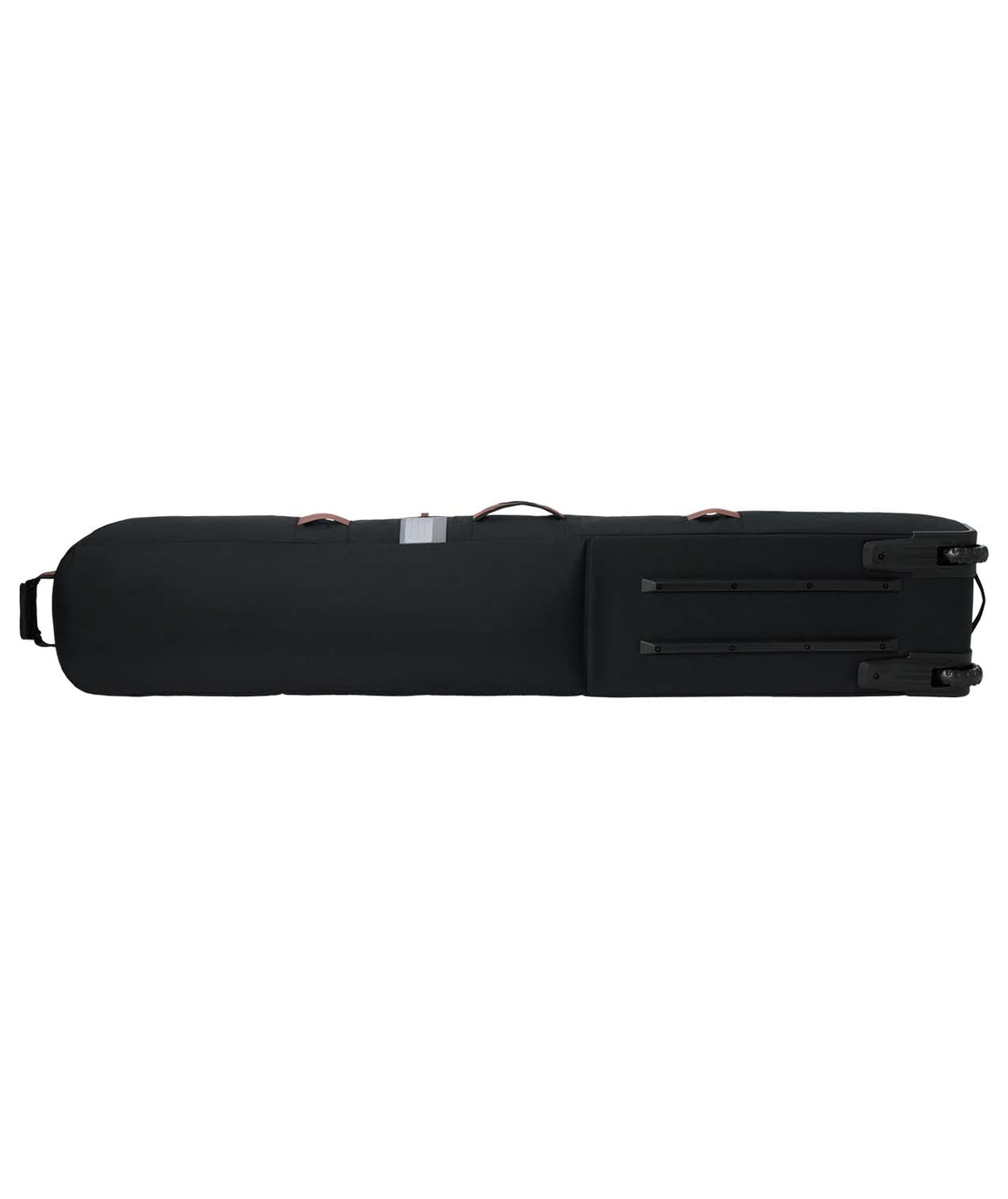 LowRollerSnowboardBagXMayhem-Black snowboard bag with multiple compartments and brand logos on a white background