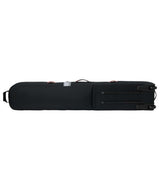 LowRollerSnowboardBagXMayhem-Black snowboard bag with multiple compartments and brand logos on a white background