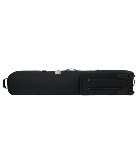 LowRollerSnowboardBagXMayhem-Black snowboard bag with multiple compartments and brand logos on a white background
