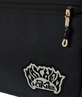 LowRollerSnowboardBagXMayhem-Black snowboard bag with multiple compartments and brand logos on a white background