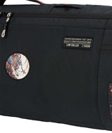LowRollerSnowboardBagXMayhem-Black snowboard bag with multiple compartments and brand logos on a white background