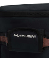 LowRollerSnowboardBagXMayhem-Black snowboard bag with multiple compartments and brand logos on a white background