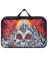 LowRollerSnowboardBagXMayhem-Black snowboard bag with multiple compartments and brand logos on a white background