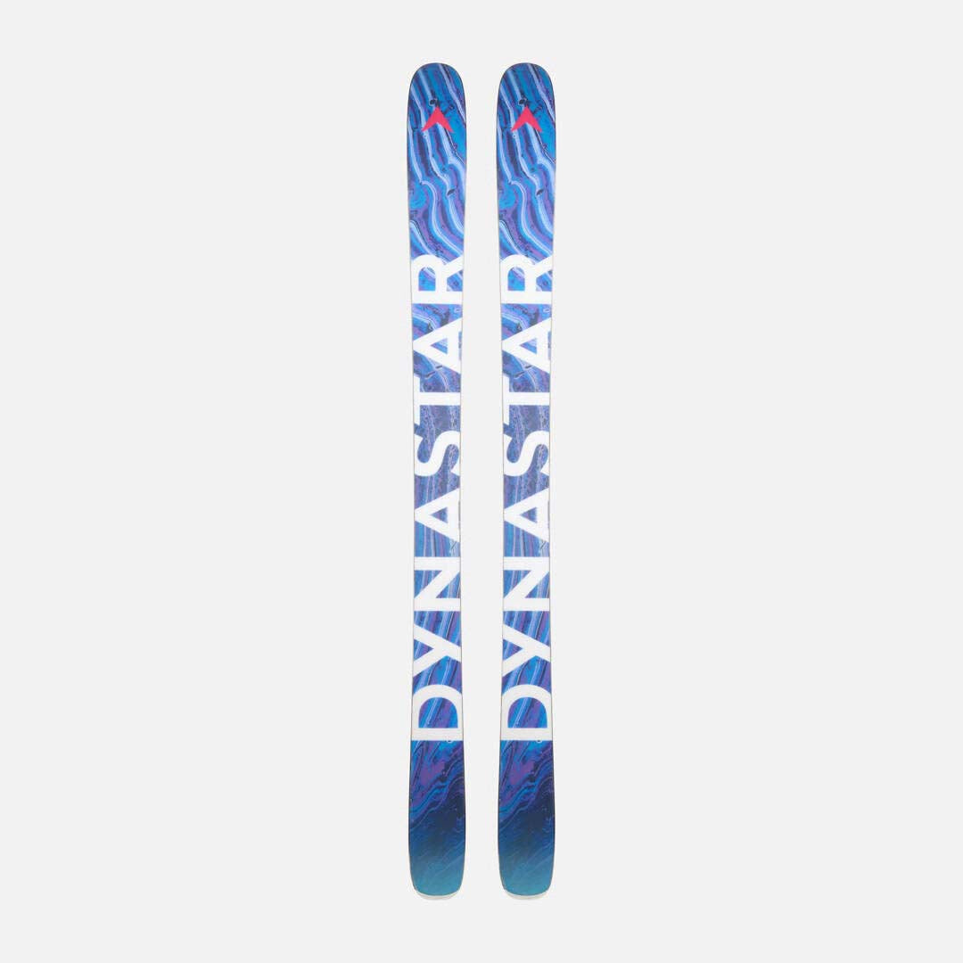 M-FREE100OPEN-A pair of Dynastar ski tips with a blue and black abstract pattern and red accents, displayed vertically against a light gray background.