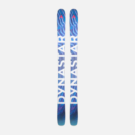 M-FREE100OPEN-A pair of Dynastar ski tips with a blue and black abstract pattern and red accents, displayed vertically against a light gray background.