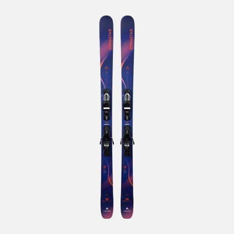 M-MENACE90XPRESS-A pair of Dynastar skis, featuring a dark blue and purple gradient design with orange accents, set against a plain light gray background.