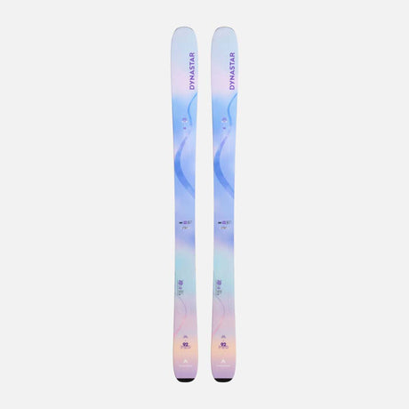 M-PROW92OPEN-A pair of Dynastar ski tips with a pastel blue, purple, and pink gradient design, displayed vertically against a light gray background.