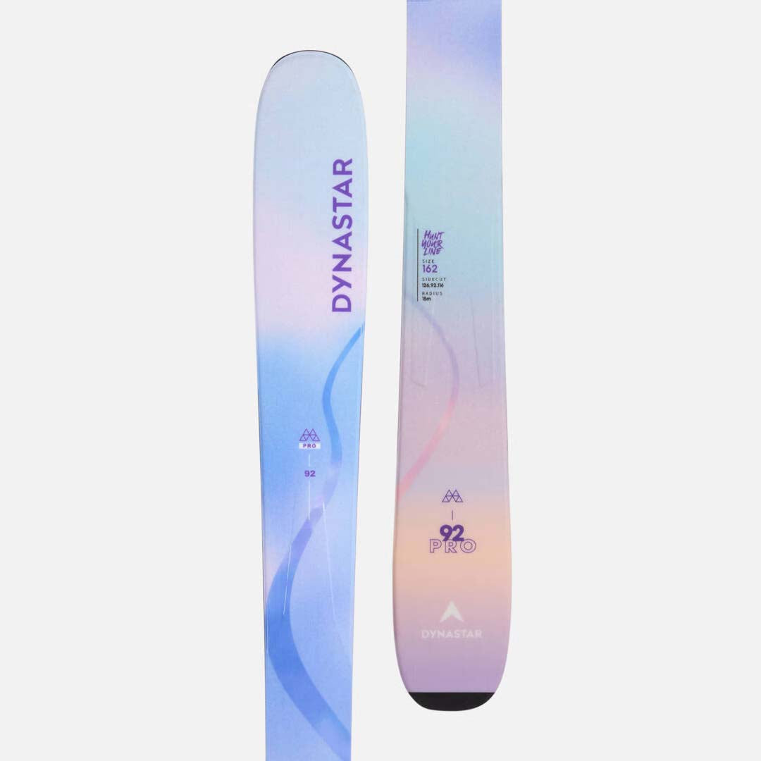M-PROW92OPEN-A pair of Dynastar ski tips with a pastel blue, purple, and pink gradient design, displayed vertically against a light gray background.