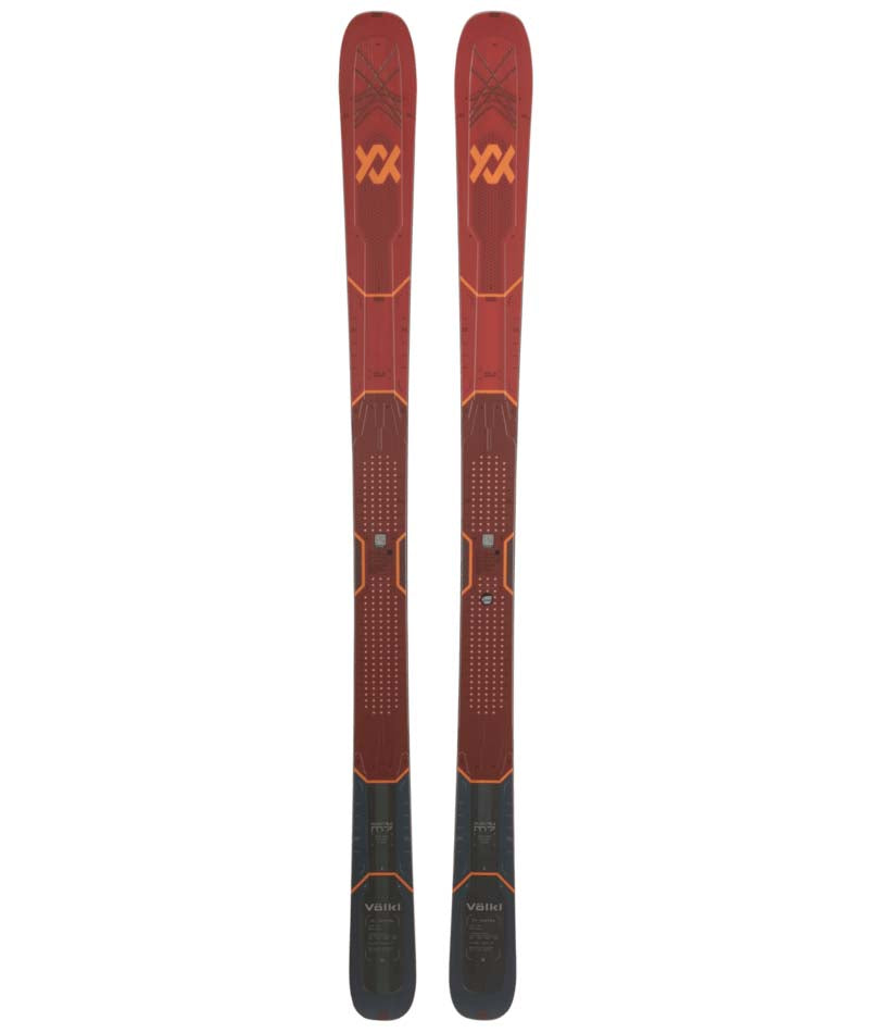 M7MantraFlat-Pair of red and black skis with a brand logo on a white background