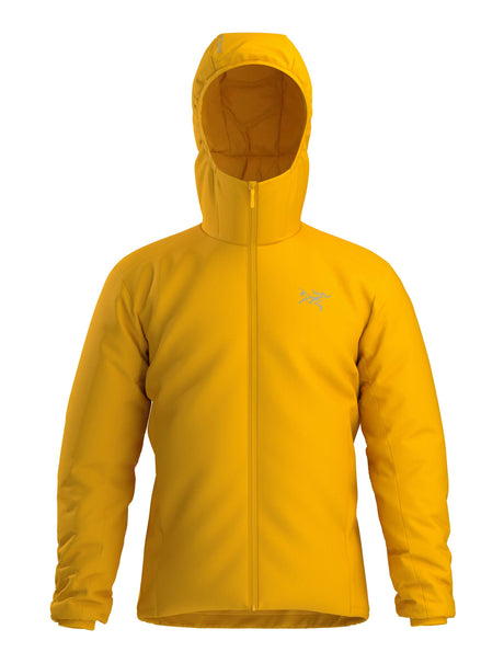 MAtomHoody-A bright yellow hooded jacket with a full front zipper and a small light gray Arc'teryx logo on the left chest, shown on a plain white background.