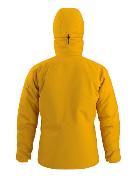 MAtomHoody-A bright yellow hooded jacket with a full front zipper and a small light gray Arc'teryx logo on the left chest, shown on a plain white background.