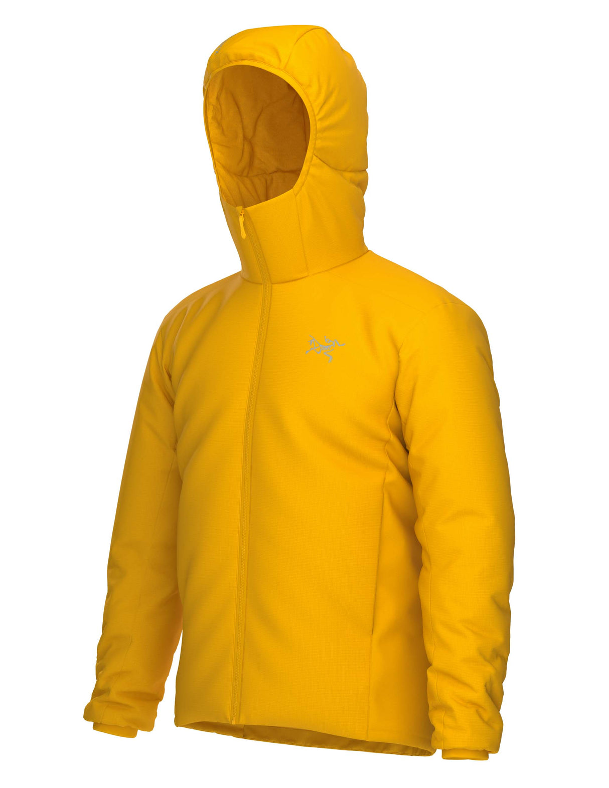 MAtomHoody-A bright yellow hooded jacket with a full front zipper and a small light gray Arc'teryx logo on the left chest, shown on a plain white background.