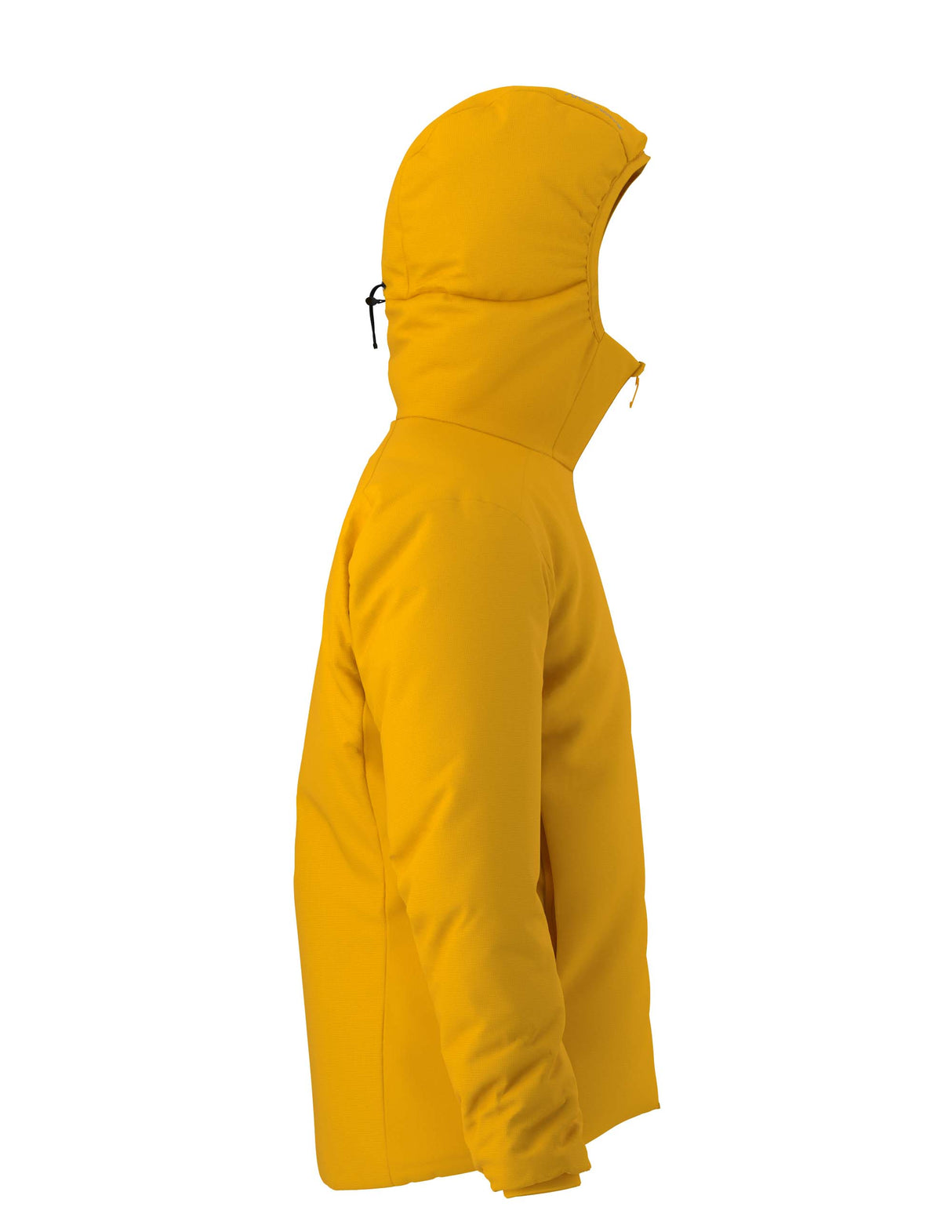 MAtomHoody-A bright yellow hooded jacket with a full front zipper and a small light gray Arc'teryx logo on the left chest, shown on a plain white background.