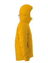 MAtomHoody-A bright yellow hooded jacket with a full front zipper and a small light gray Arc'teryx logo on the left chest, shown on a plain white background.