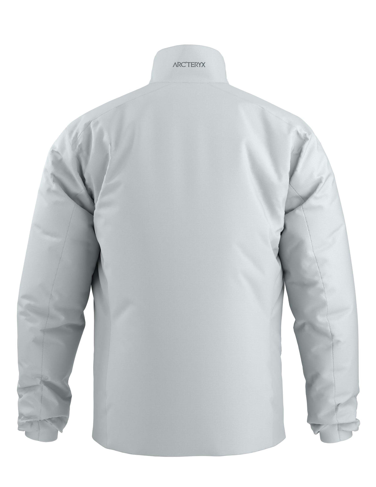 MAtomJacket-A light gray full-zip jacket with a stand-up collar and a small black Arc'teryx logo on the left chest, shown against a plain white background.