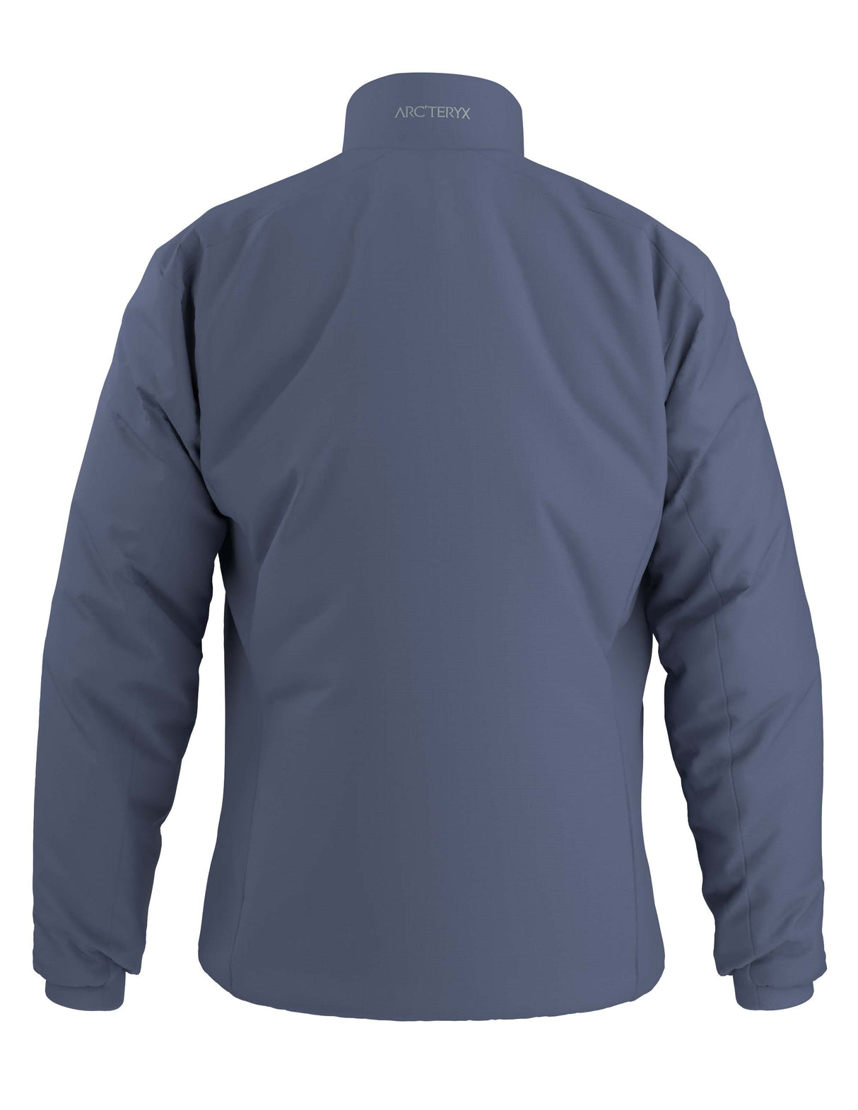 MAtomJacket-A slate blue full-zip jacket with a stand-up collar and a small Arc'teryx logo on the left chest, displayed on a clean white background.