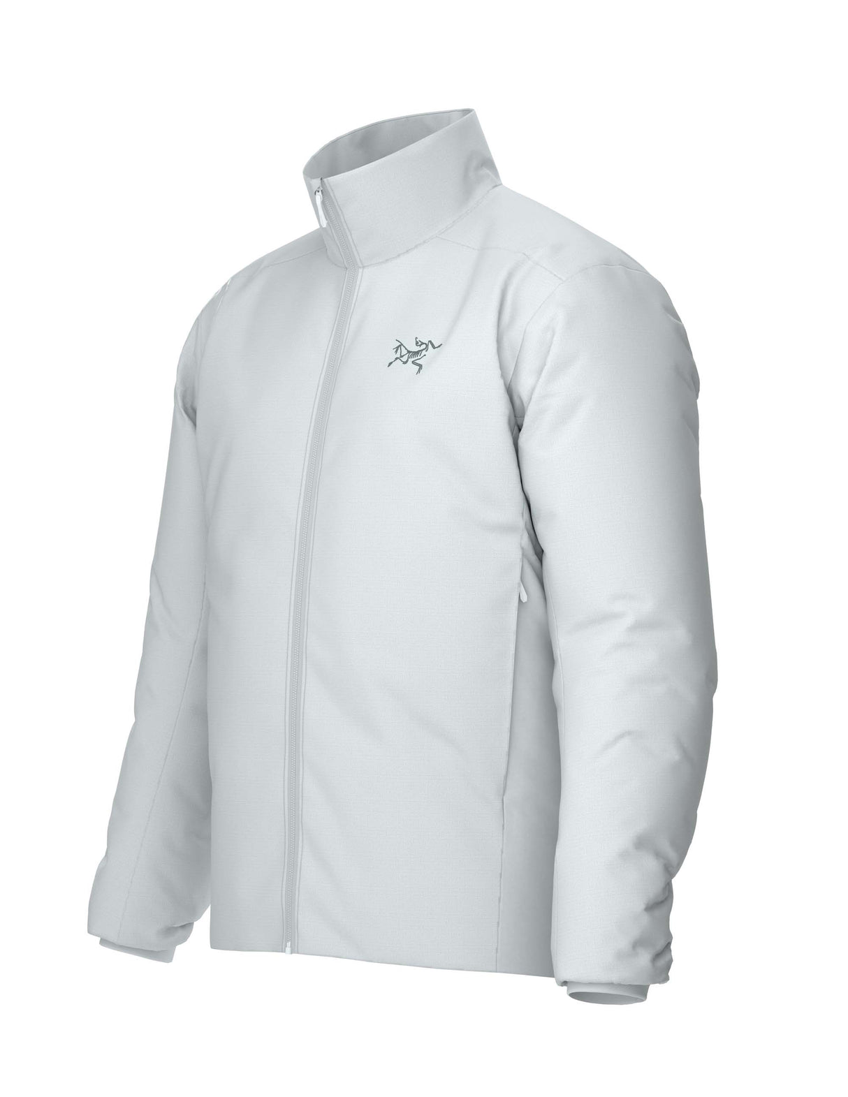 MAtomJacket-A light gray full-zip jacket with a stand-up collar and a small black Arc'teryx logo on the left chest, shown against a plain white background.