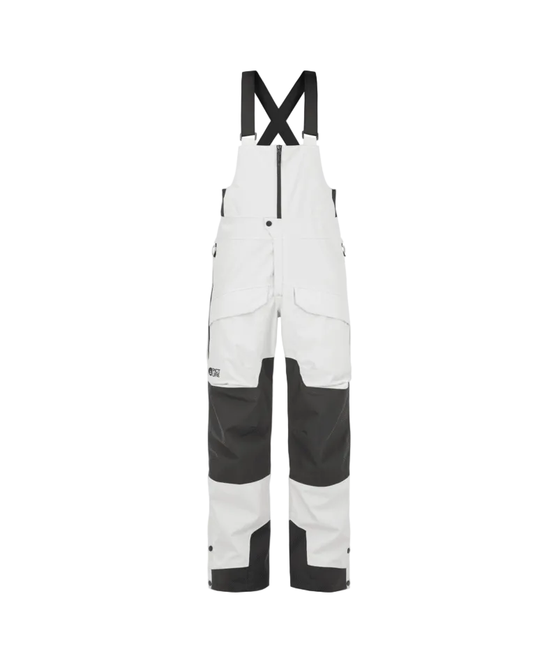 MAveningBibPant-White and dark gray colorblock snow bib pants with black adjustable shoulder straps, shown against a plain white background.