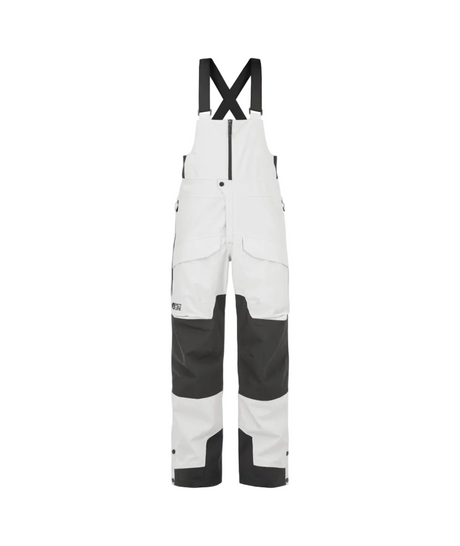 MAveningBibPant-White and dark gray colorblock snow bib pants with black adjustable shoulder straps, shown against a plain white background.