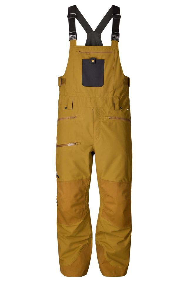 MBakerBib-Yellow bib overalls with black suspenders on a white background