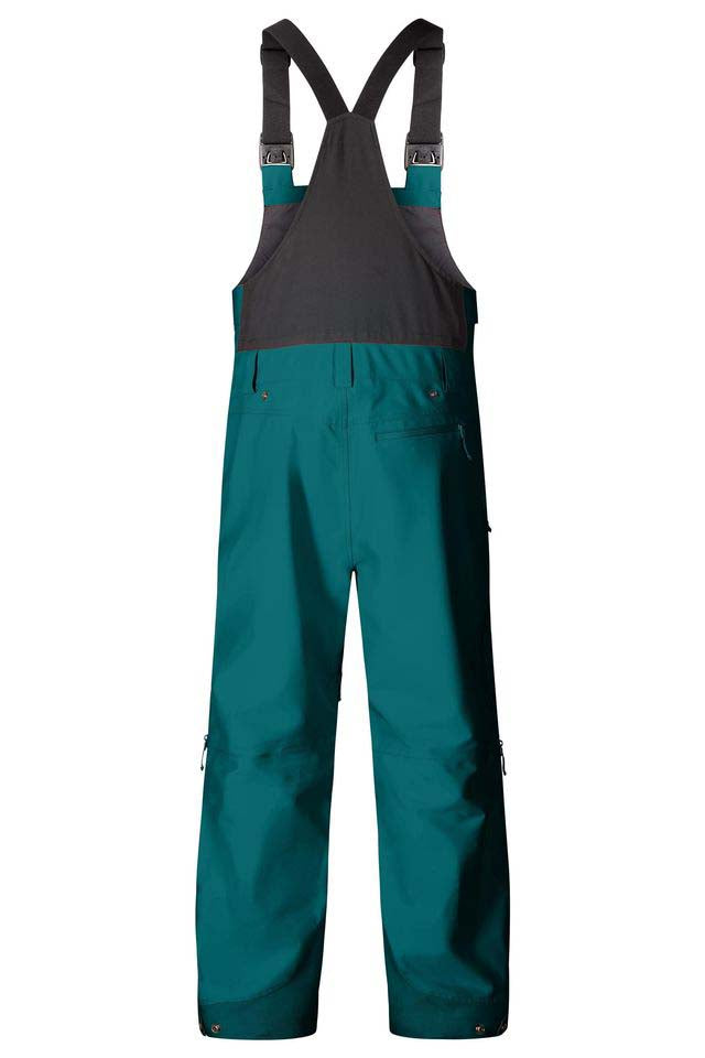 MBakerBib-Green bib overalls with black suspenders on a white background