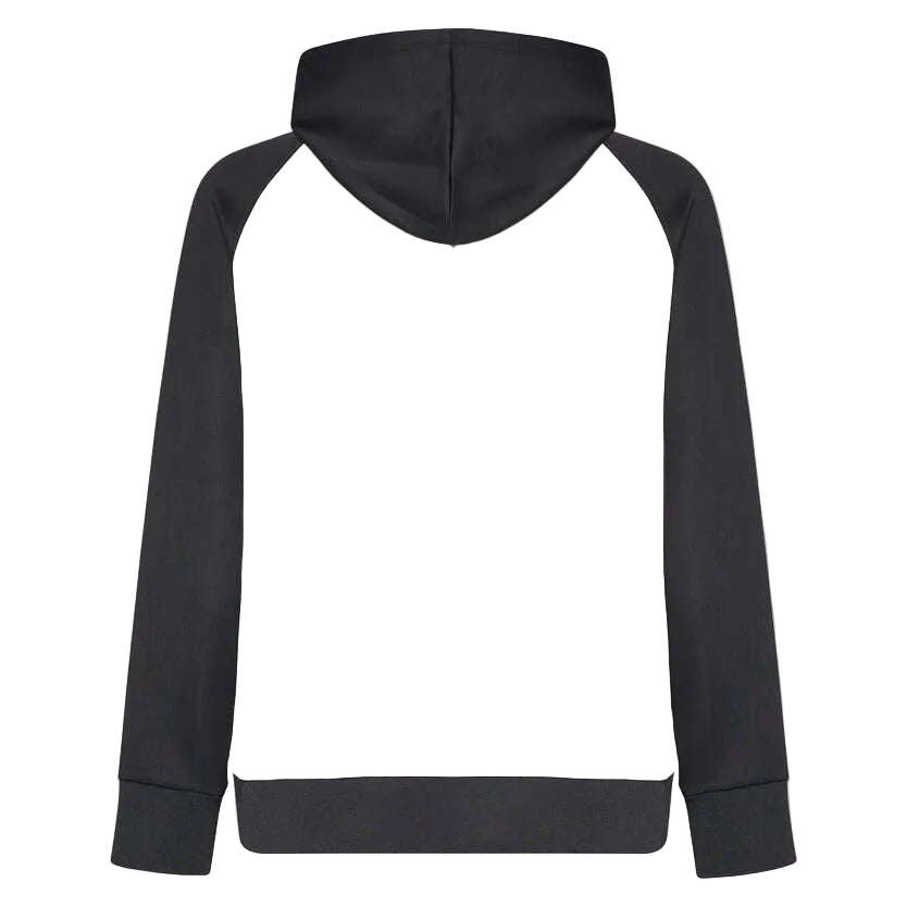 MBarkDWRFleeceHoody-White and black hoodie with Oakley logo on a white background