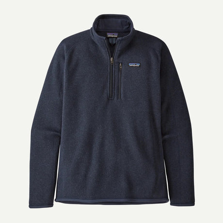MBetterSweater1_4-Zip-Navy blue fleece pullover with brand logo on a light gray background