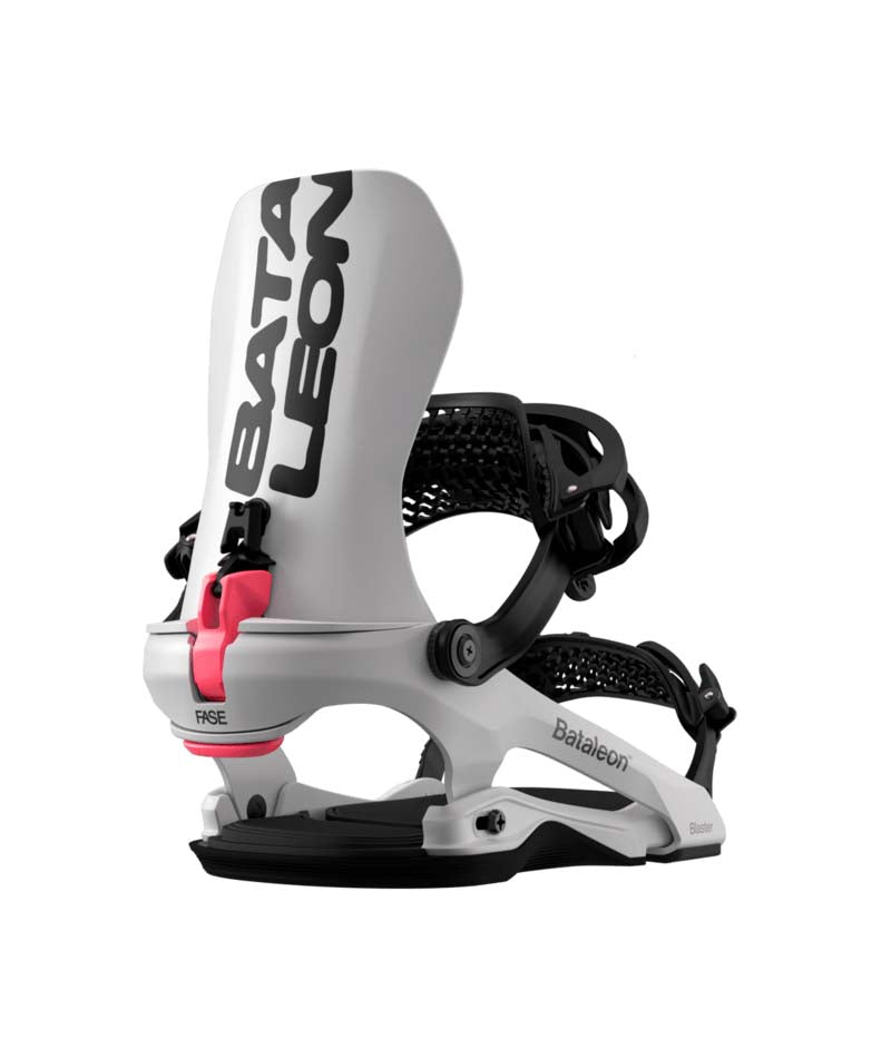 MBlasterProAWFase- White, black, and pink snowboard binding on a white background