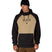 MBondedFleeceHoody-Person wearing a black and beige hoodie with a logo on a white background