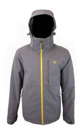 MBooterJacket- Gray jacket with a yellow zipper on a white background