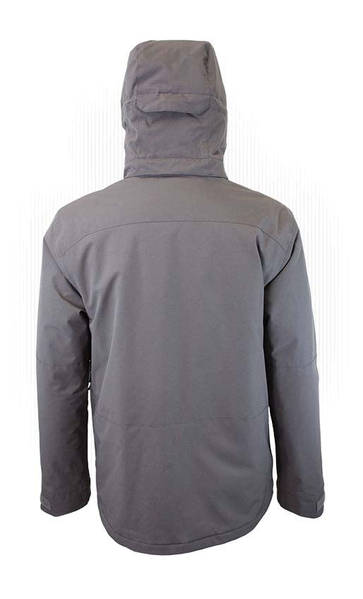 MBooterJacket- Gray jacket with a yellow zipper on a white background