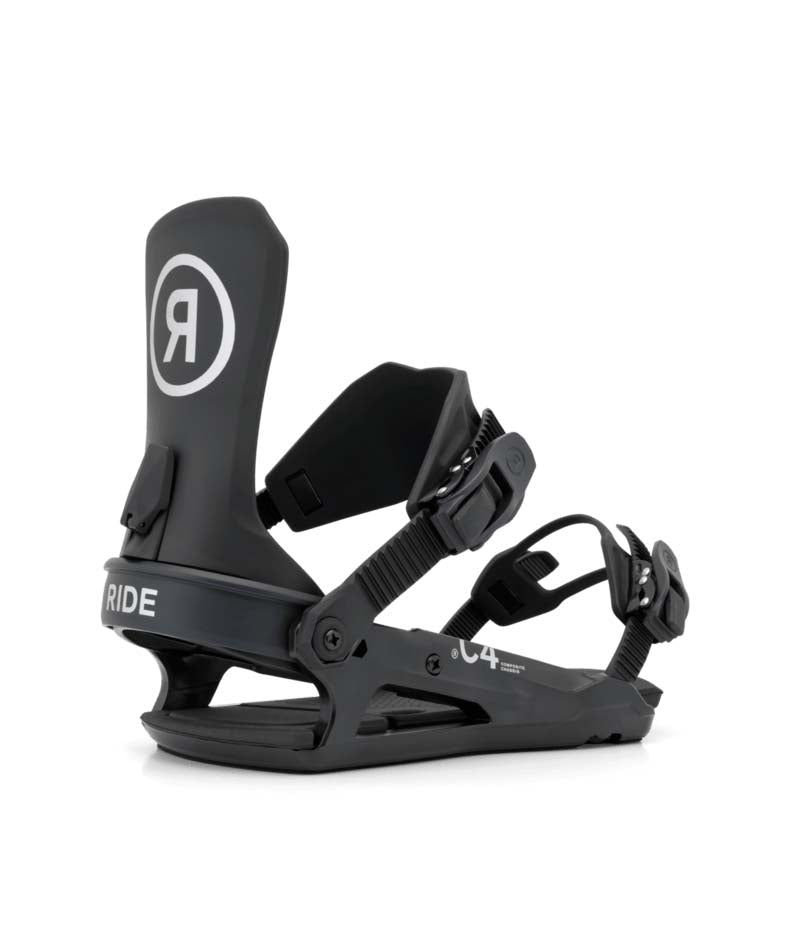 MC-4- Black snowboard bindings on a white background