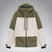 MCanopyProInsulatedJacket-A color-blocked hooded jacket with an olive green upper section, hood, and lower front panel, paired with off-white color-blocked sleeves and a lower front panel. It features a black front zipper, black drawstrings, and a small Oakley logo on the chest.