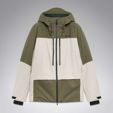 MCanopyProInsulatedJacket-A color-blocked hooded jacket with an olive green upper section, hood, and lower front panel, paired with off-white color-blocked sleeves and a lower front panel. It features a black front zipper, black drawstrings, and a small Oakley logo on the chest.