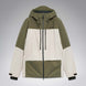MCanopyProInsulatedJacket-A color-blocked hooded jacket with an olive green upper section, hood, and lower front panel, paired with off-white color-blocked sleeves and a lower front panel. It features a black front zipper, black drawstrings, and a small Oakley logo on the chest.