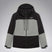 MCanopyProInsulatedJacket-A colorblock hooded jacket with a black upper section and sleeves, a light gray midsection, and a black lower section, featuring a full-zip front and a small white Oakley logo on the chest.