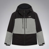 MCanopyProInsulatedJacket-A colorblock hooded jacket with a black upper section and sleeves, a light gray midsection, and a black lower section, featuring a full-zip front and a small white Oakley logo on the chest.