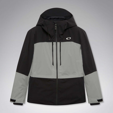 MCanopyProInsulatedJacket-A colorblock hooded jacket with a black upper section and sleeves, a light gray midsection, and a black lower section, featuring a full-zip front and a small white Oakley logo on the chest.