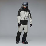 MCanopyProInsulatedJacket-A colorblock hooded jacket with a black upper section and sleeves, a light gray midsection, and a black lower section, featuring a full-zip front and a small white Oakley logo on the chest.