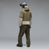 MCanopyProInsulatedJacket-A color-blocked hooded jacket with an olive green upper section, hood, and lower front panel, paired with off-white color-blocked sleeves and a lower front panel. It features a black front zipper, black drawstrings, and a small Oakley logo on the chest.