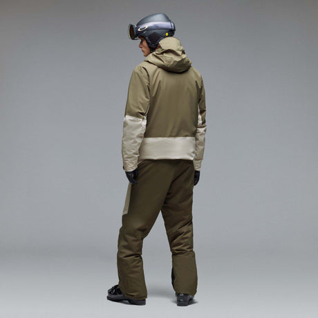 MCanopyProInsulatedJacket-A color-blocked hooded jacket with an olive green upper section, hood, and lower front panel, paired with off-white color-blocked sleeves and a lower front panel. It features a black front zipper, black drawstrings, and a small Oakley logo on the chest.