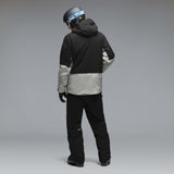 MCanopyProInsulatedJacket-A colorblock hooded jacket with a black upper section and sleeves, a light gray midsection, and a black lower section, featuring a full-zip front and a small white Oakley logo on the chest.