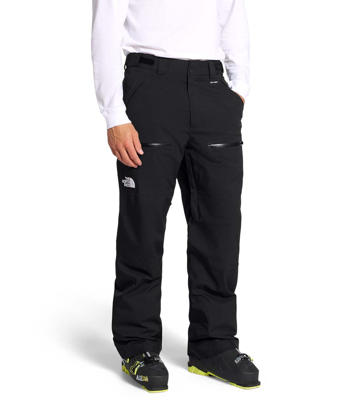 MChakalPant- Man wearing black snow pants with The North Face logo on a white background