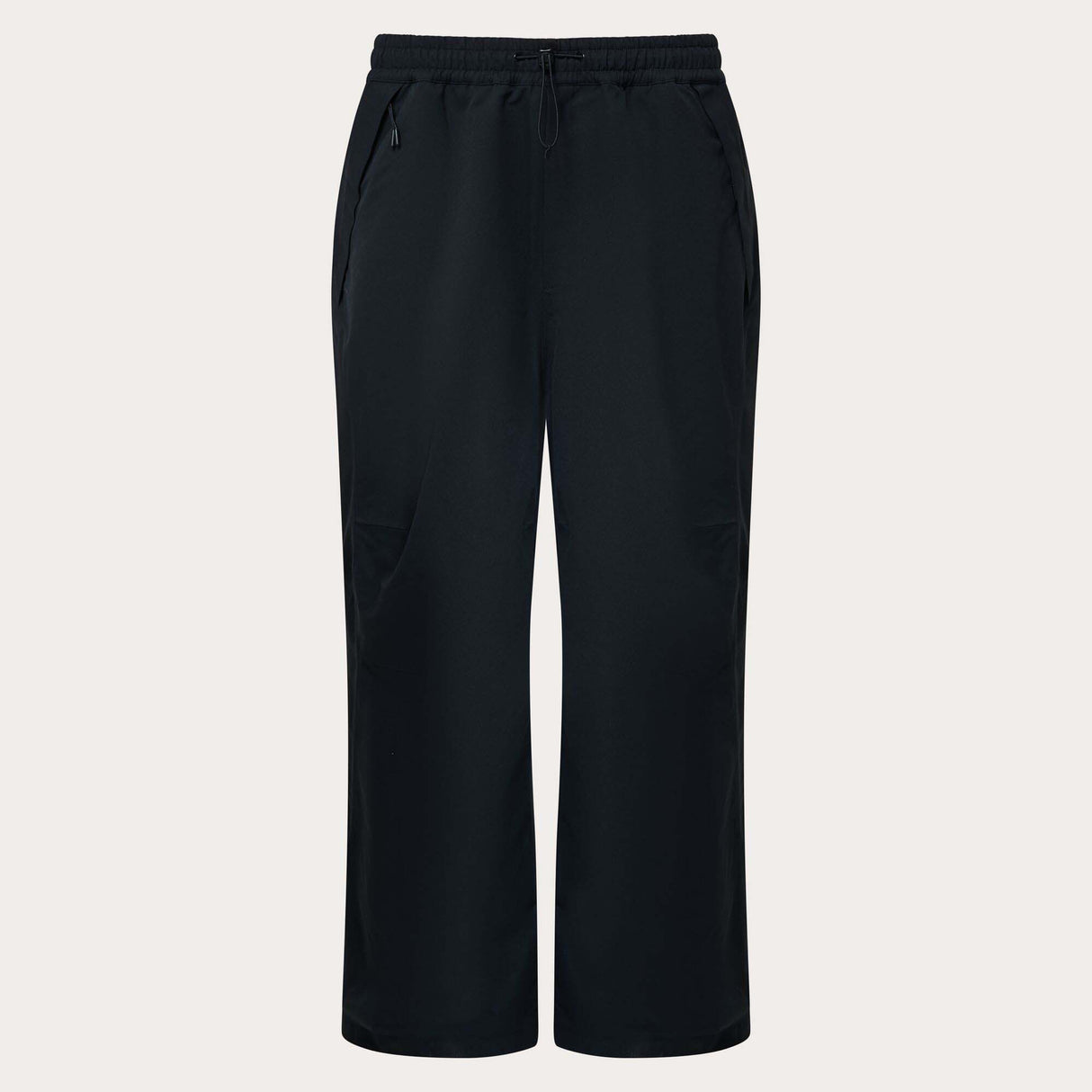 MChannelShellPant-Black wide-leg snow pants with an elastic drawstring waist and side pockets, shown on a light gray background.