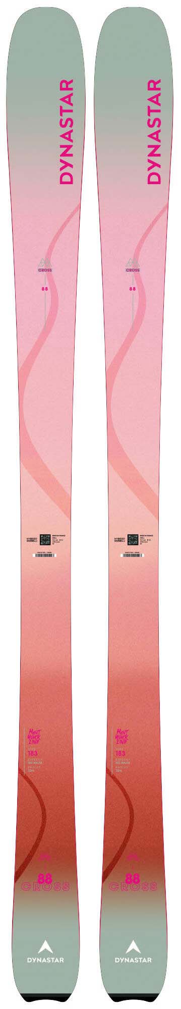 MCrossW88-A pair of Dynastar ski shown vertically side-by-side against a white background, featuring a pink-to-orange gradient design with a mint green top and bottom.