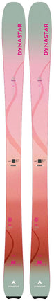 MCrossW88-A pair of Dynastar ski shown vertically side-by-side against a white background, featuring a pink-to-orange gradient design with a mint green top and bottom.