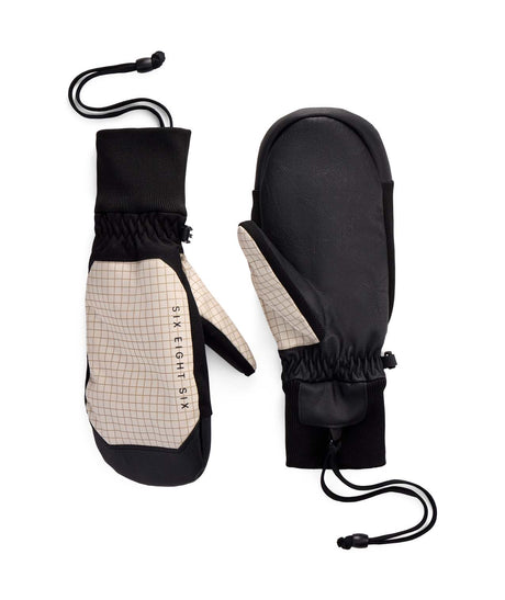 MCrushInsulatedMitt-Black and beige mittens with a drawstring on a white background