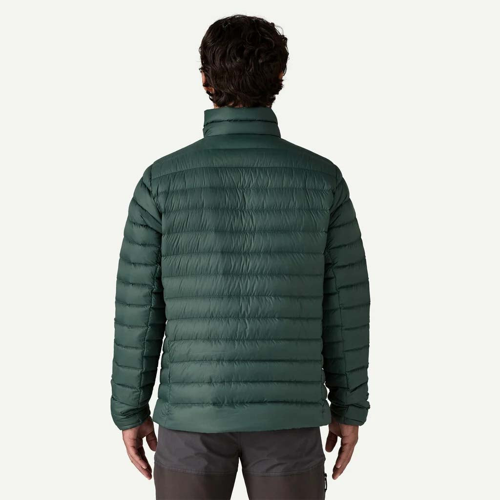 MDownSweaterJacket-Green puffer jacket with Patagonia logo on a white background