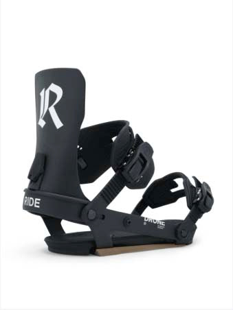 MDrone- Black snowboard bindings on a white background