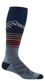 MSTEEPLINES- Sock with mountain design and colorful stripes on a white background